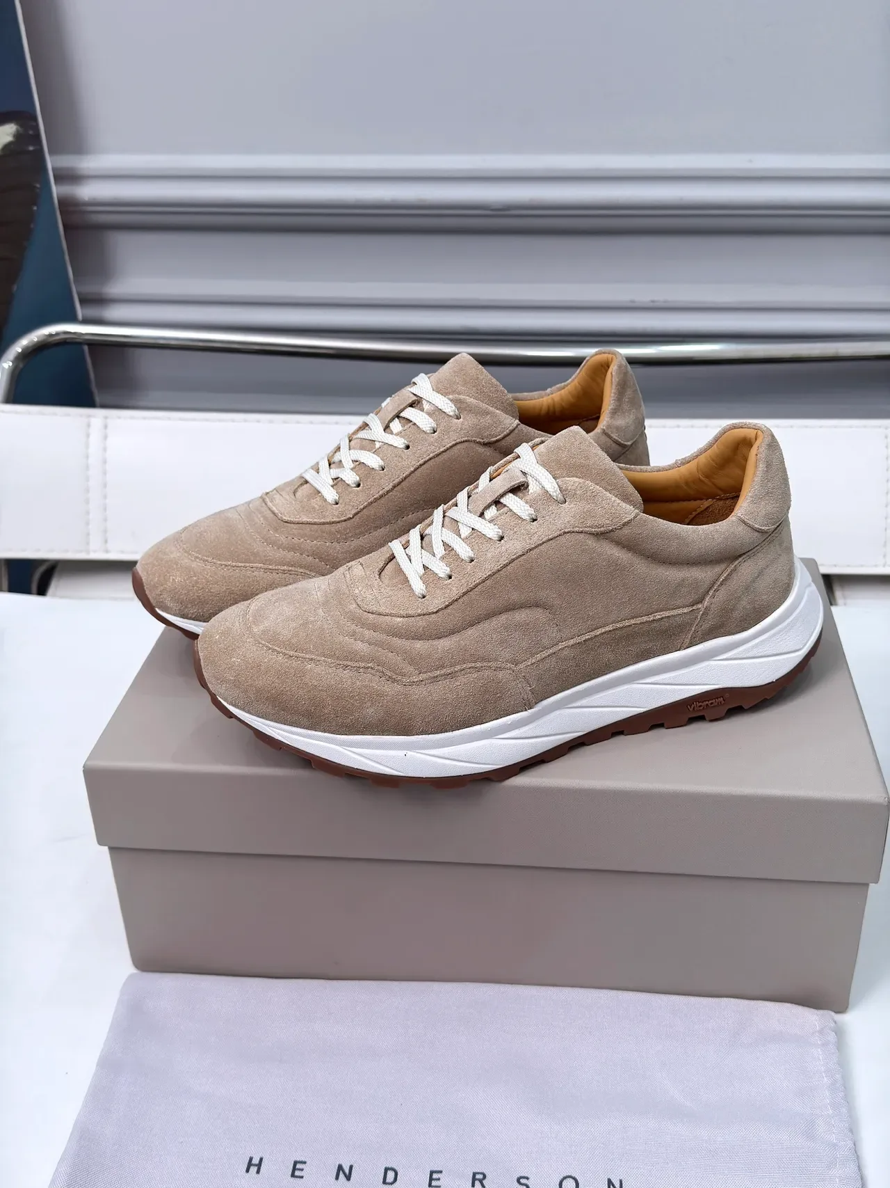 Beige White Suede Upper Chunky Layered Midsole Sneakers 4