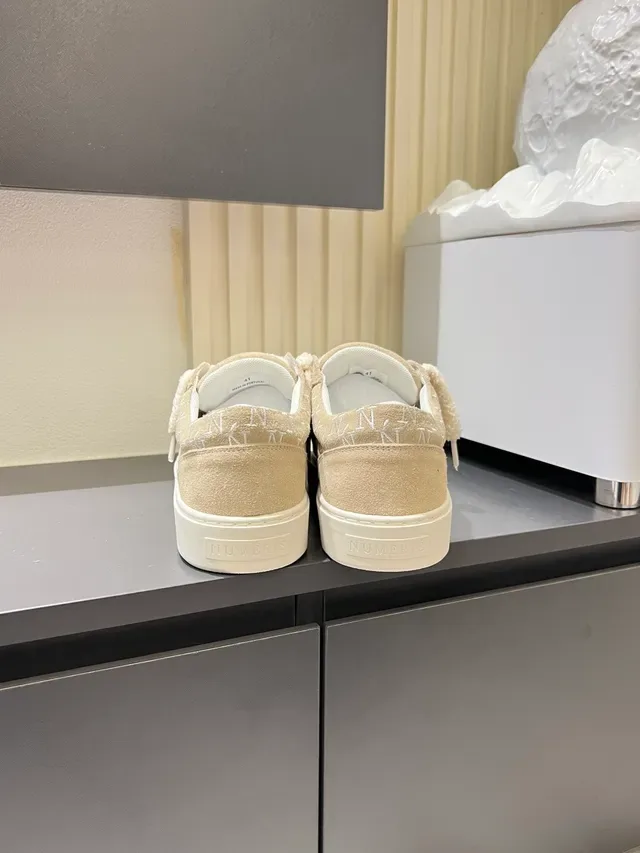 Beige White Suede Upper Plush Looped Strap Closure Sneakers 2