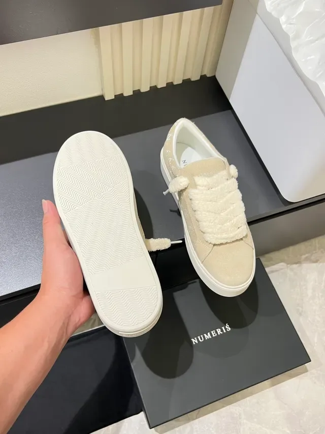 Beige White Suede Upper Plush Looped Strap Closure Sneakers 4