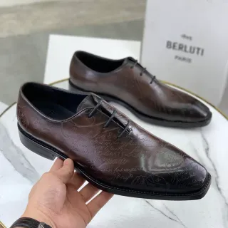 Berluti Brown Black Hand-Engraved Script Motif Polished Leather Oxford Shoes
