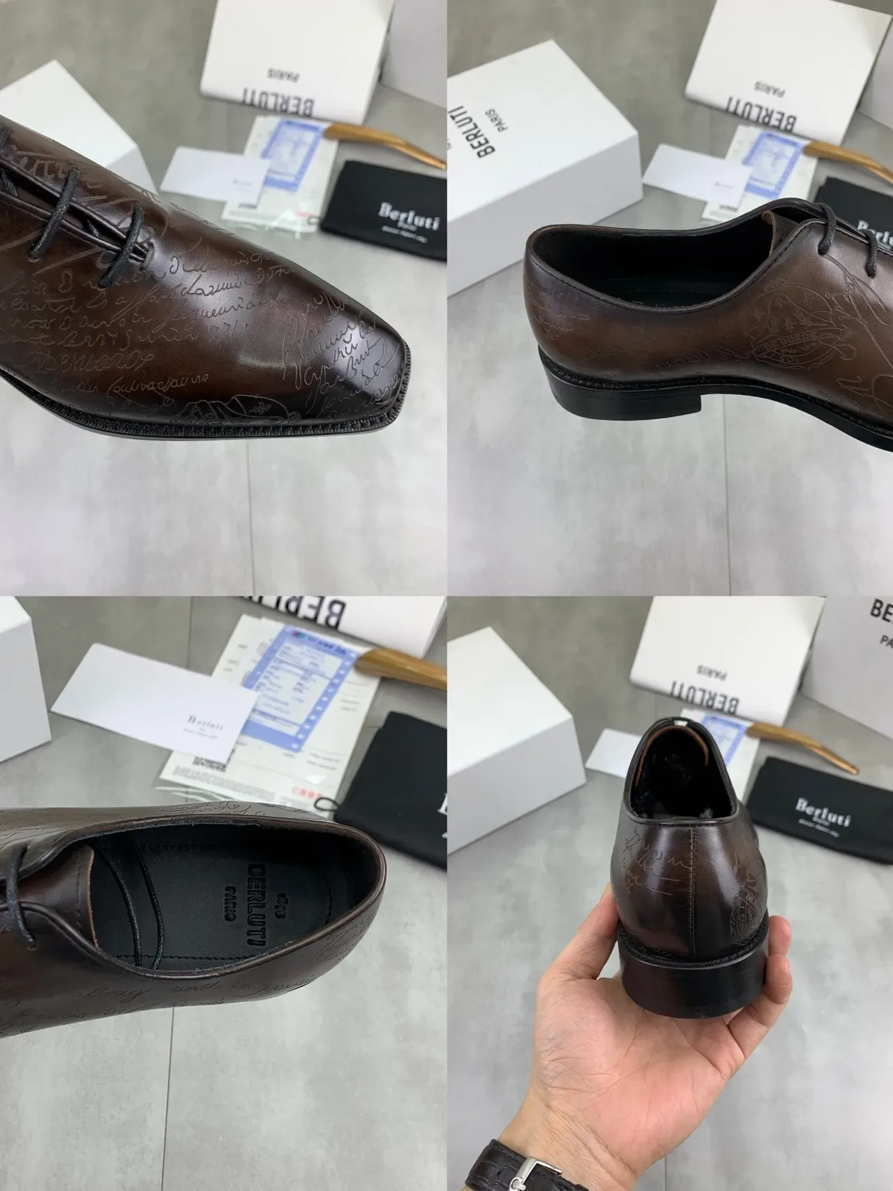 Berluti Marrom Preto Gravado à mão Motivo de Script Couro Polido Sapatos Oxford 3