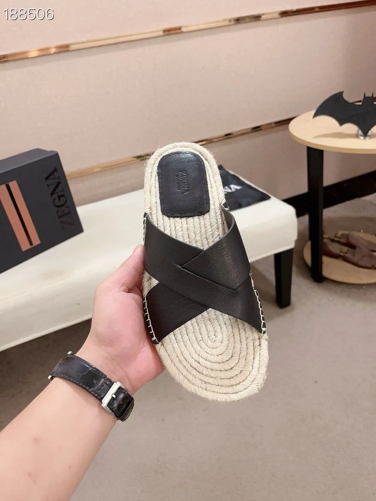 Black and Natural Woven Rope Slide Slippers 5