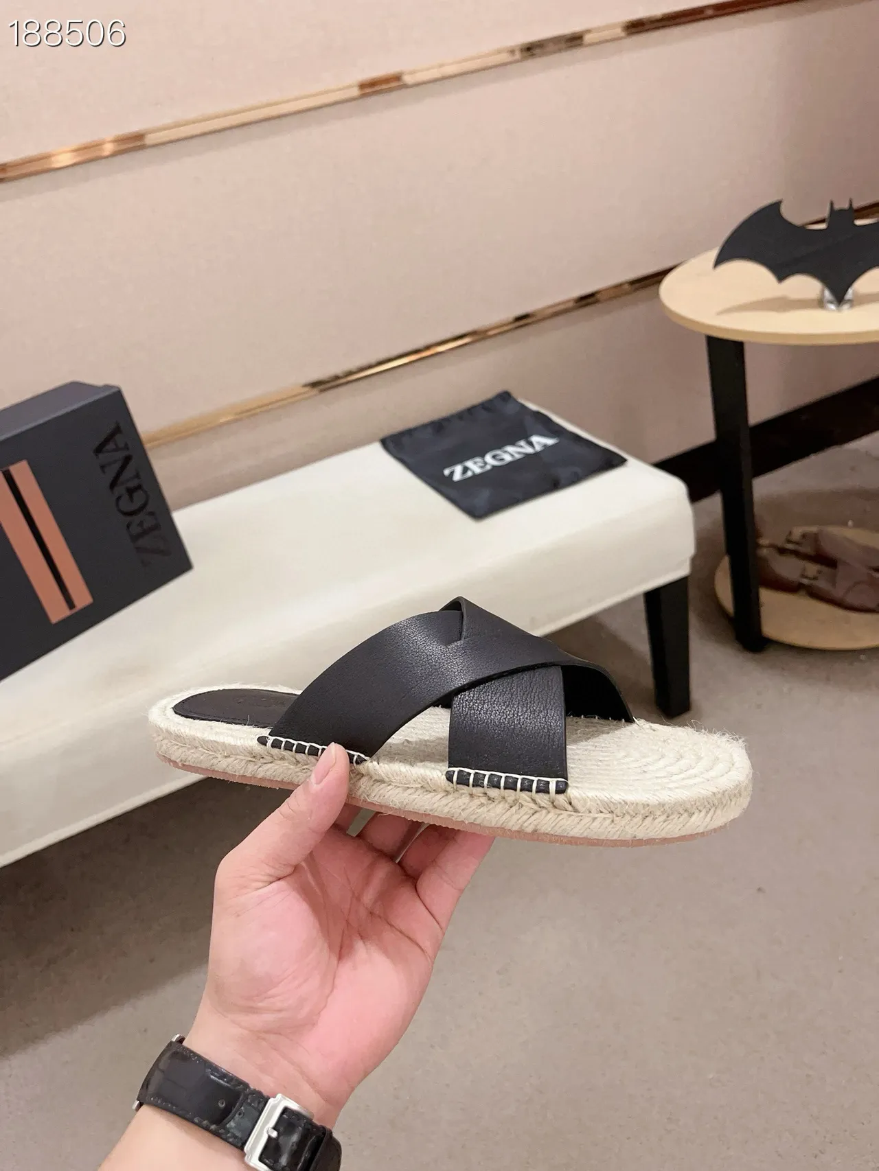 Black and Natural Woven Rope Slide Slippers 6