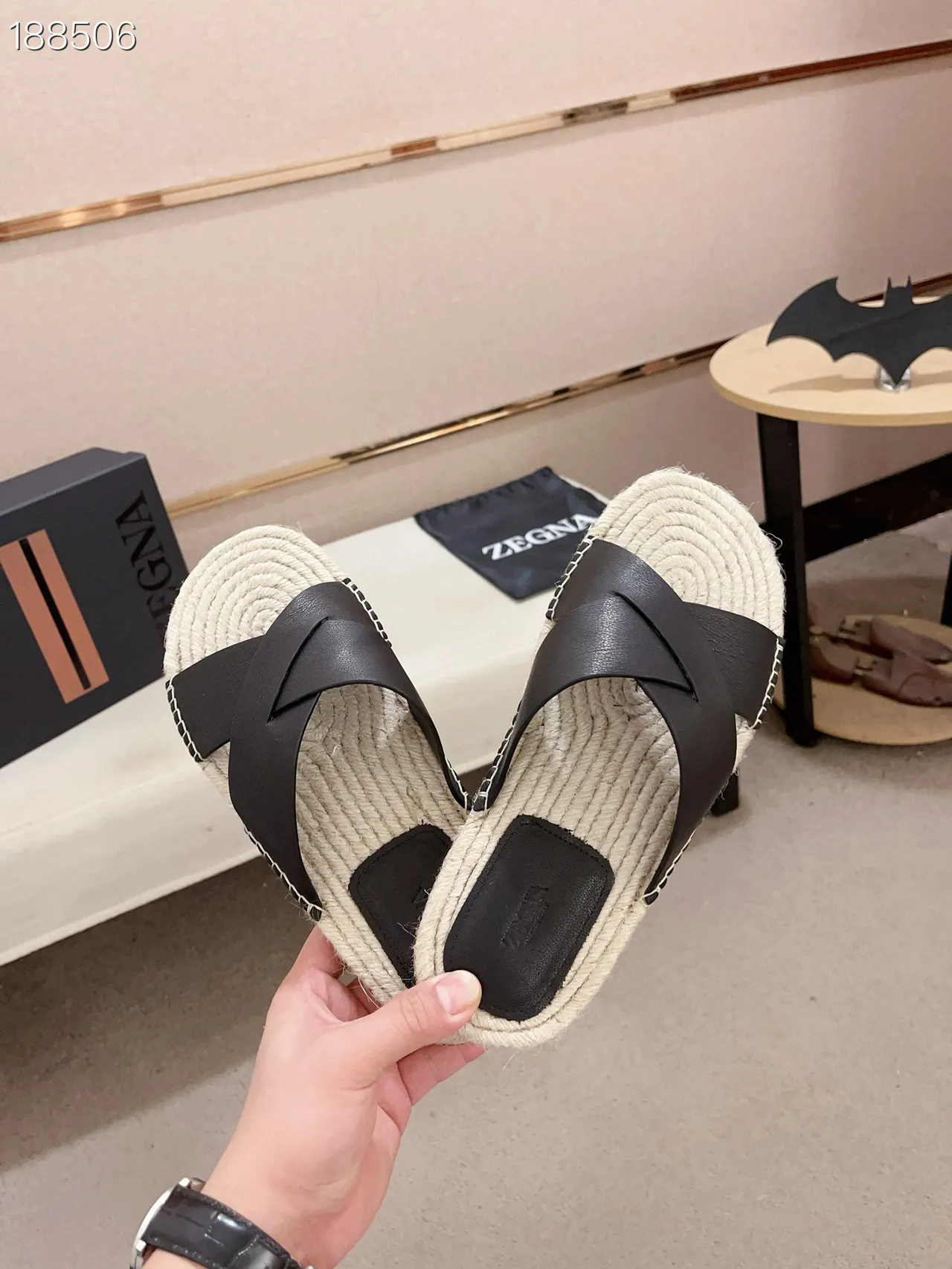 Black and Natural Woven Rope Slide Slippers 7