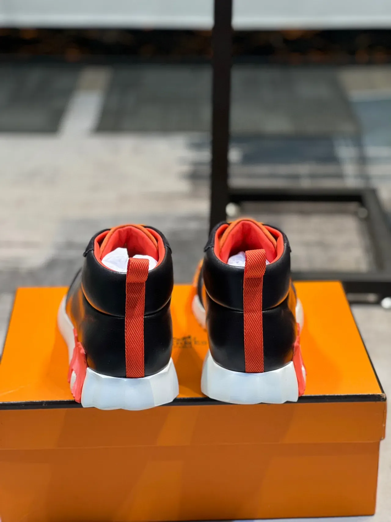 Black and Orange High-Top Mixed-Material Sculpted Sole Sneaker 2