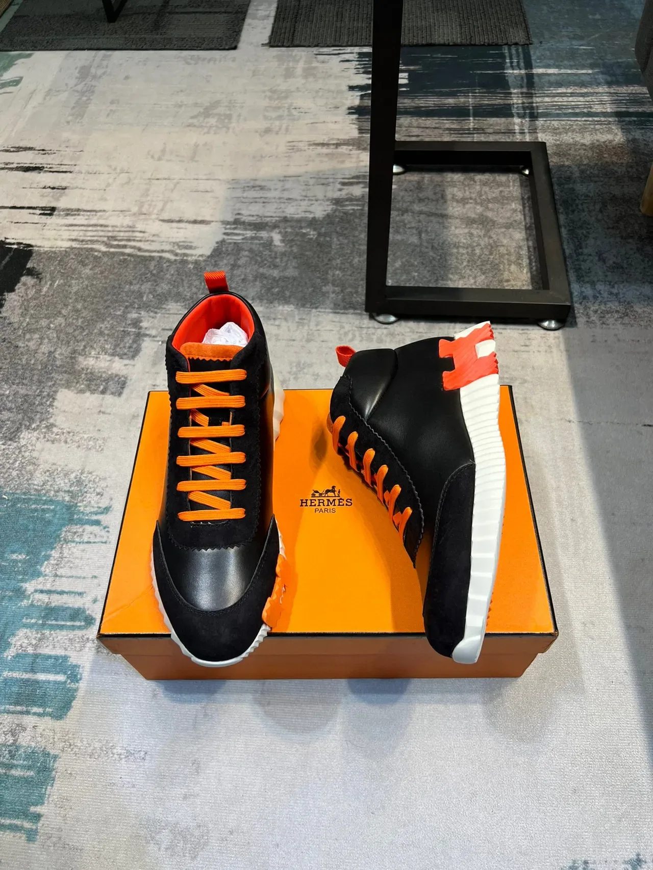 Black and Orange High-Top Mixed-Material Sculpted Sole Sneaker 4