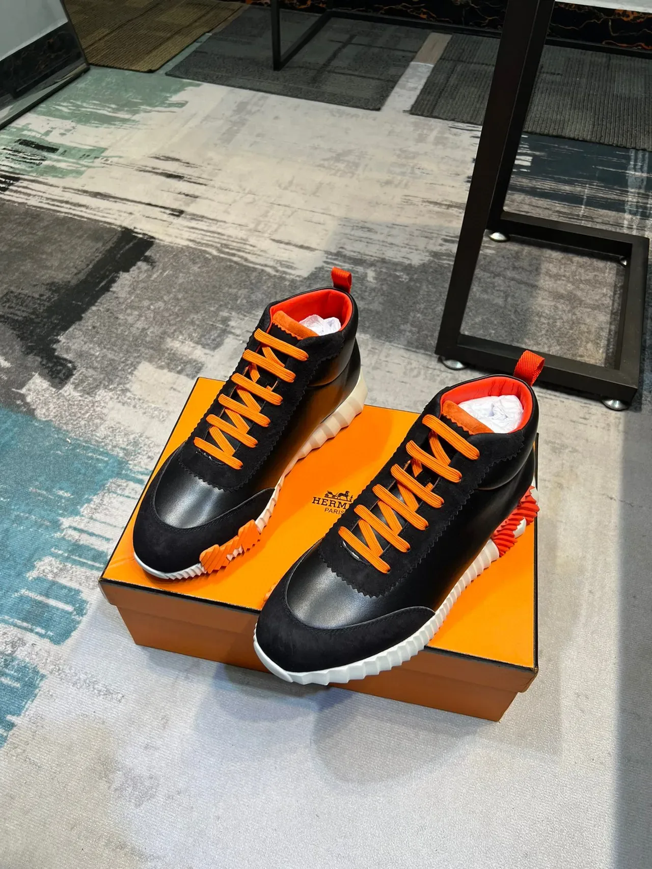 Black and Orange High-Top Mixed-Material Sculpted Sole Sneaker 5