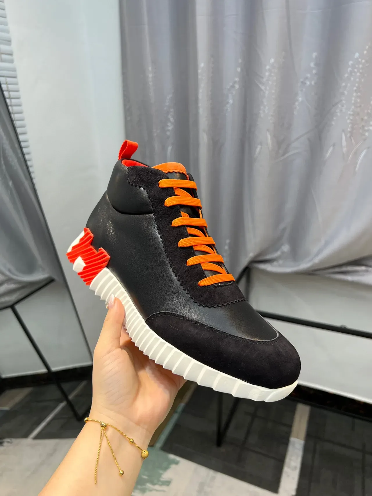 Black and Orange High-Top Mixed-Material Sculpted Sole Sneaker 6