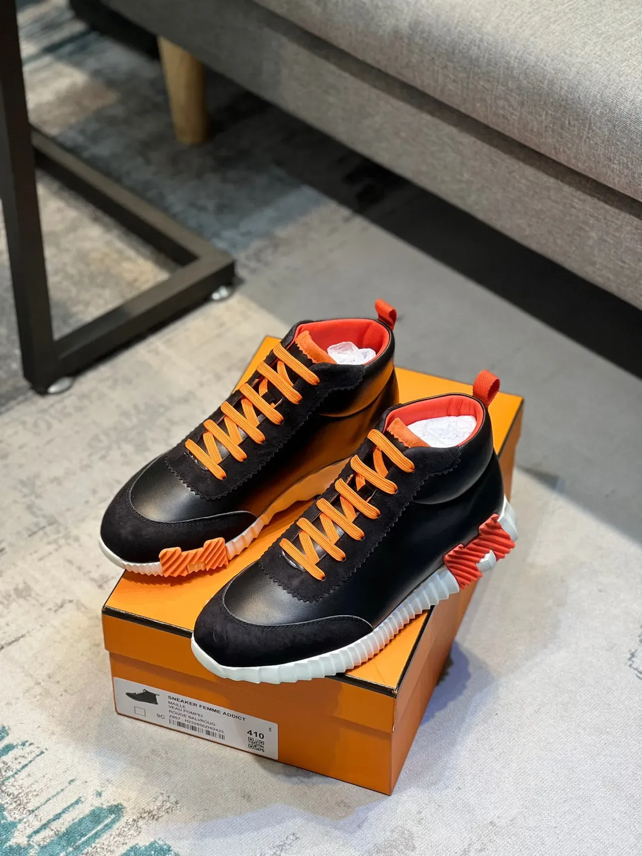 Black and Orange High-Top Mixed-Material Sculpted Sole Sneaker 7