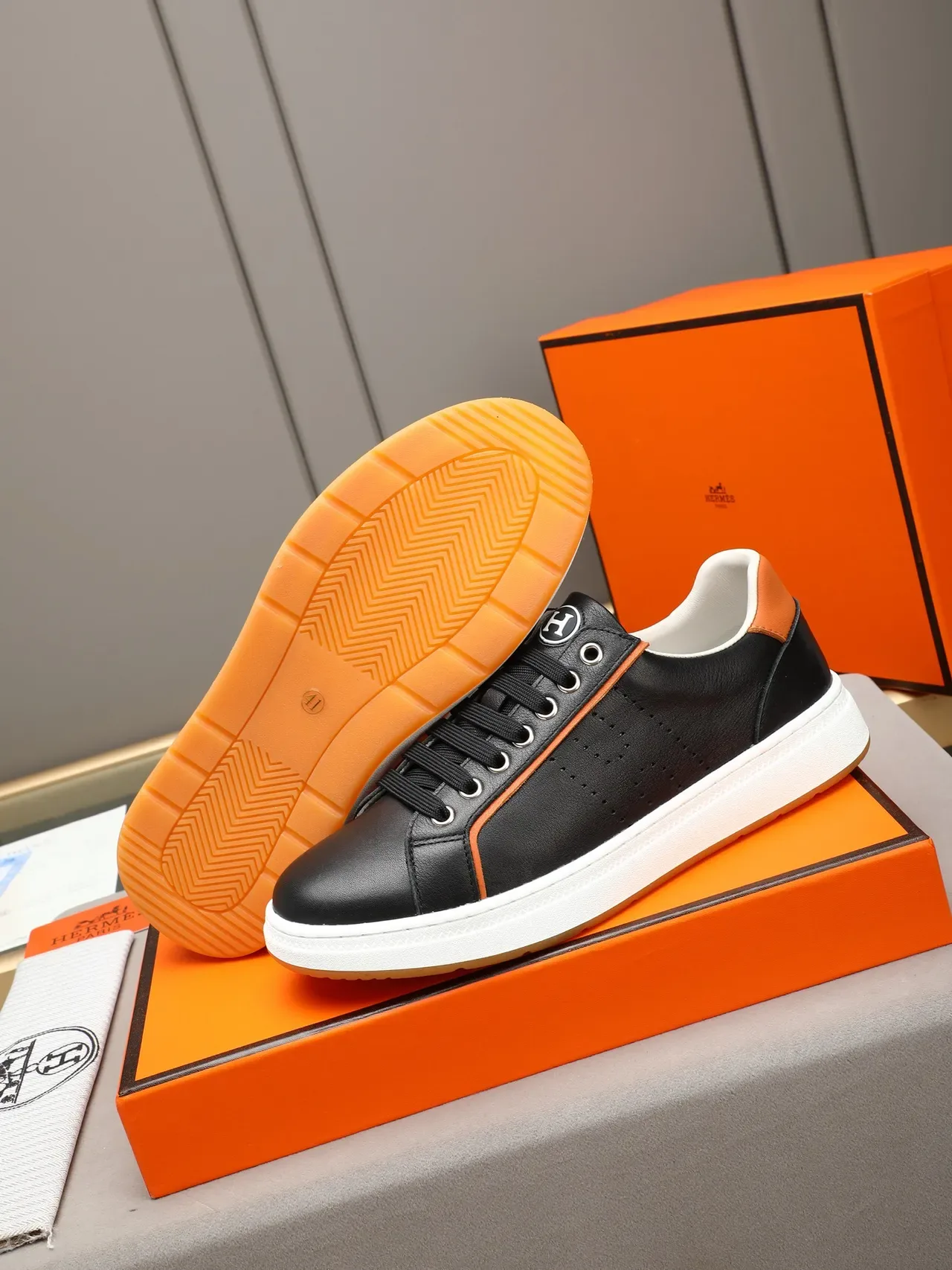 Black and Orange Perforated Leather Lifestyle Sneaker 5