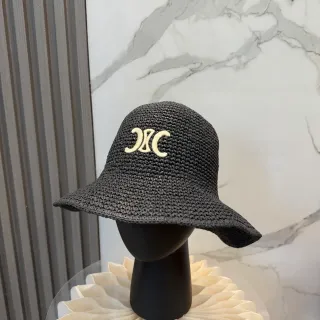 Black Beige Woven Straw-Like Texture Embroidered Monogram Bucket Hat