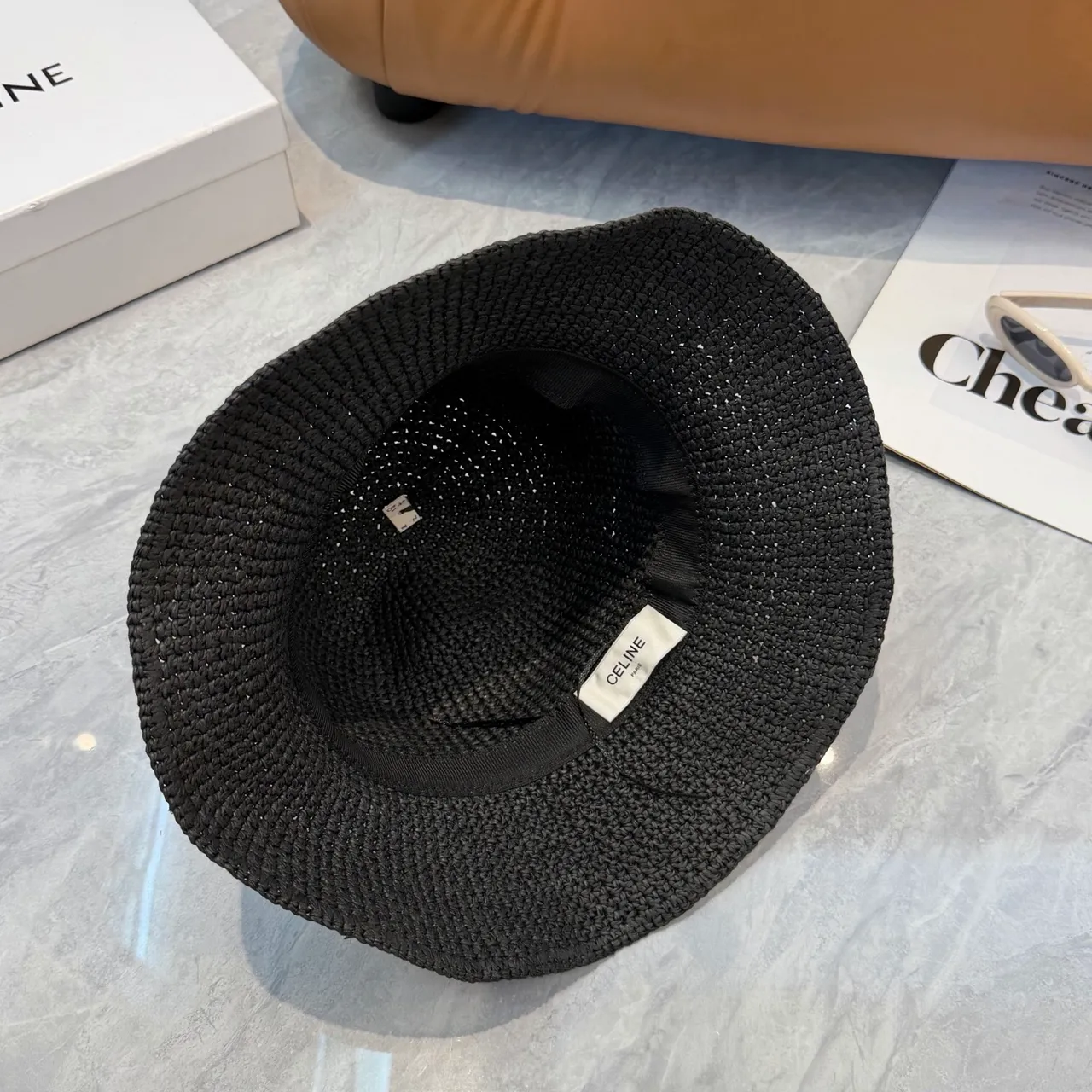 Chapeau Bucket Noir Beige Paille Tressée Bordé Monogramme 7