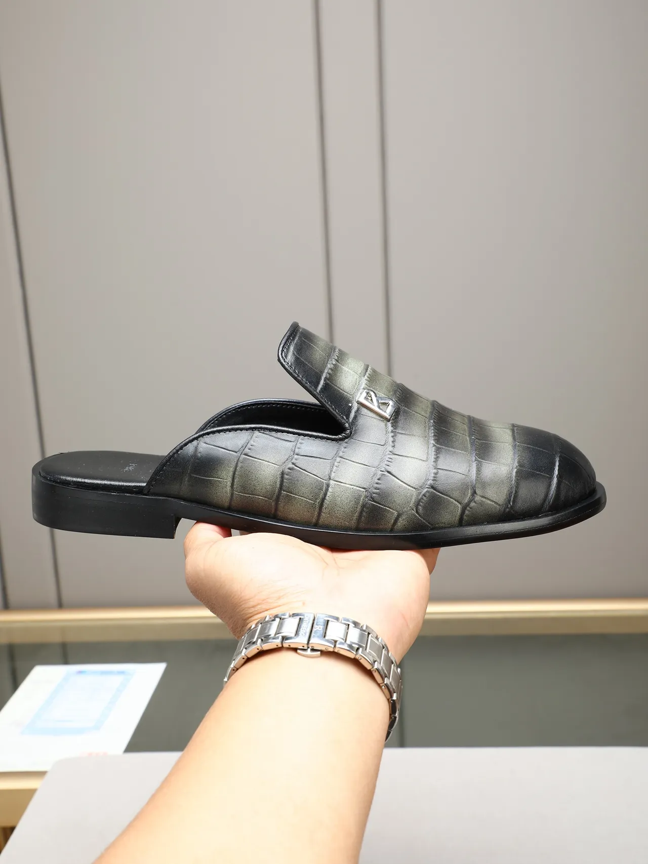 Black Brown Crocodile-Embossed Leather Metallic 'B' Logo Accent Loafer 16