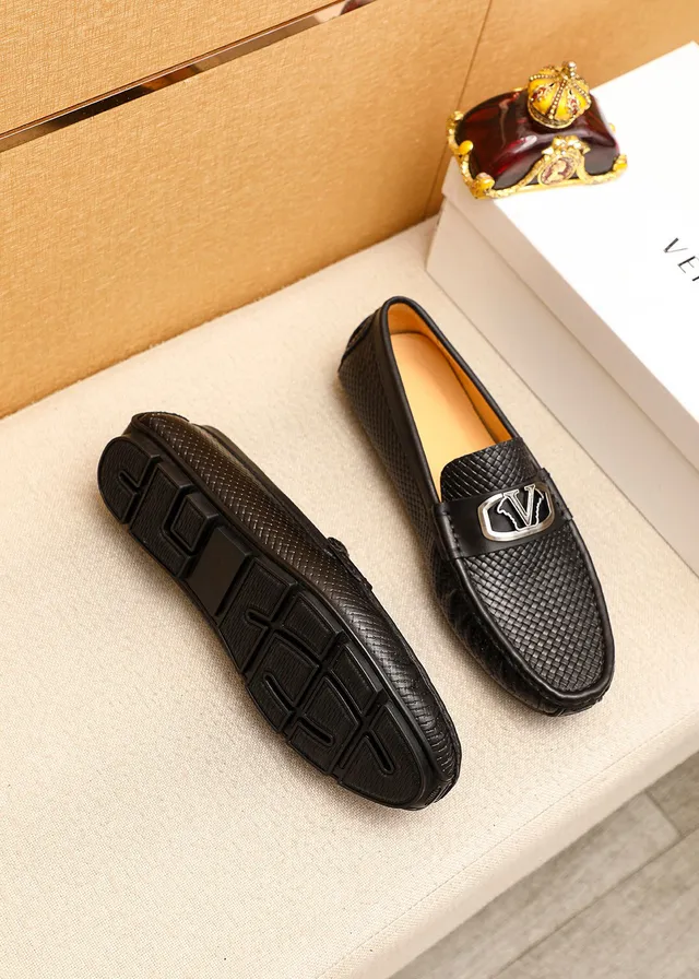 Black Brown Woven Leather Upper Metal V-Plaque Accent Loafer 3