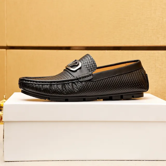 Black Brown Woven Leather Upper Metal V-Plaque Accent Loafer 5