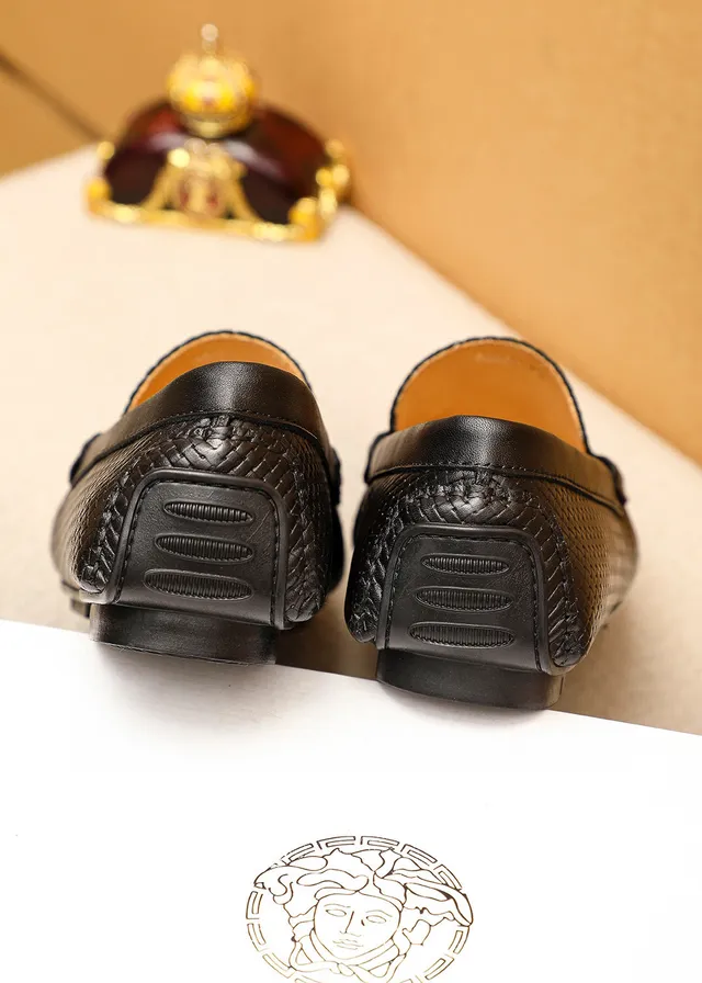 Black Brown Woven Leather Upper Metal V-Plaque Accent Loafer 8