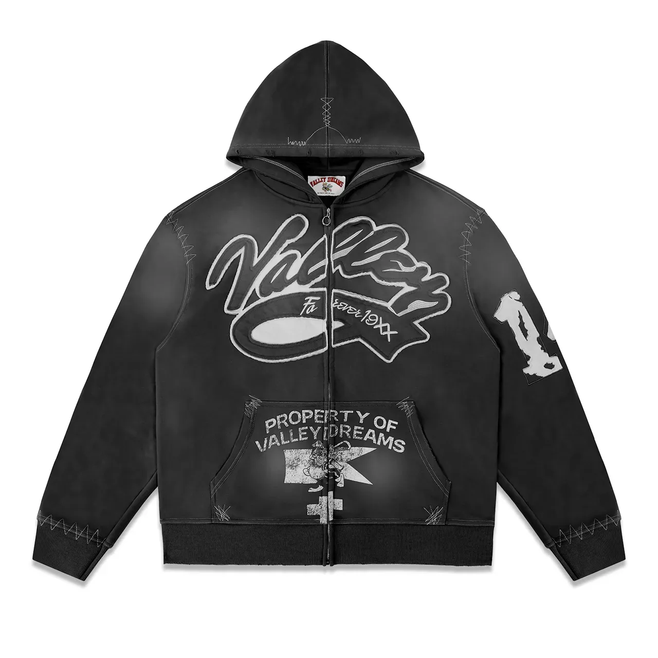 Black Distressed Graphic Print Full-Zip Hoodie 6