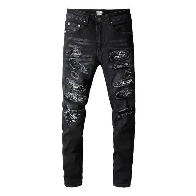 Black Distressed Ripped Slim-Fit Jeans 6