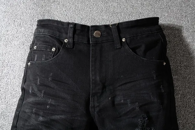 Black Distressed Slim-Fit Ripped Jeans 11