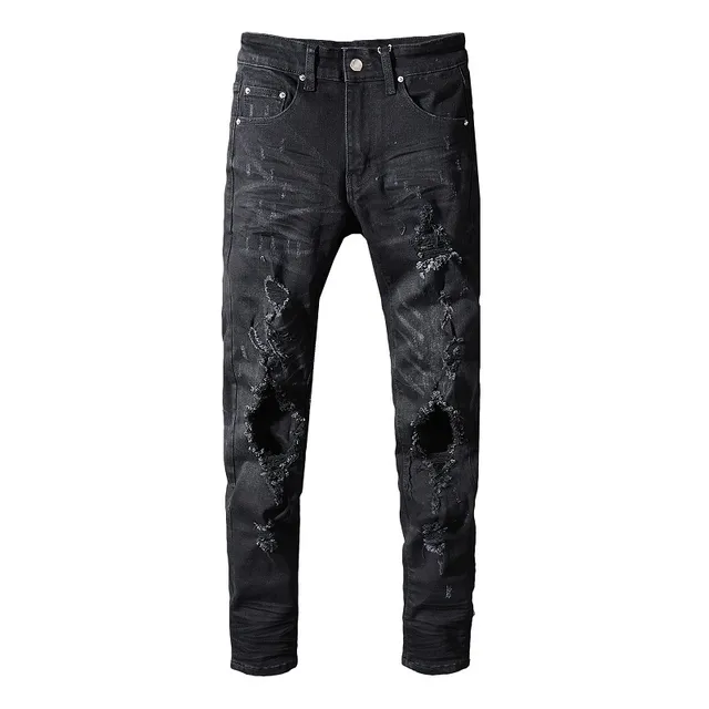 Black Distressed Slim-Fit Ripped Jeans 13
