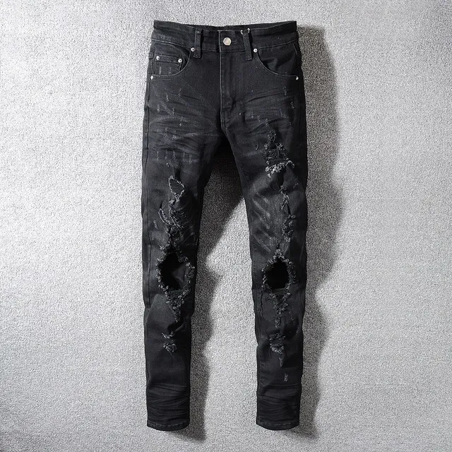 Black Distressed Slim-Fit Ripped Jeans 14