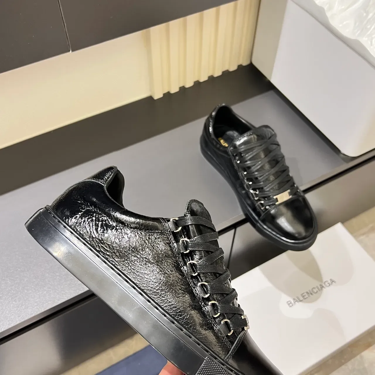 Black Glossy Crinkled Leather Low-Top Sneaker 3