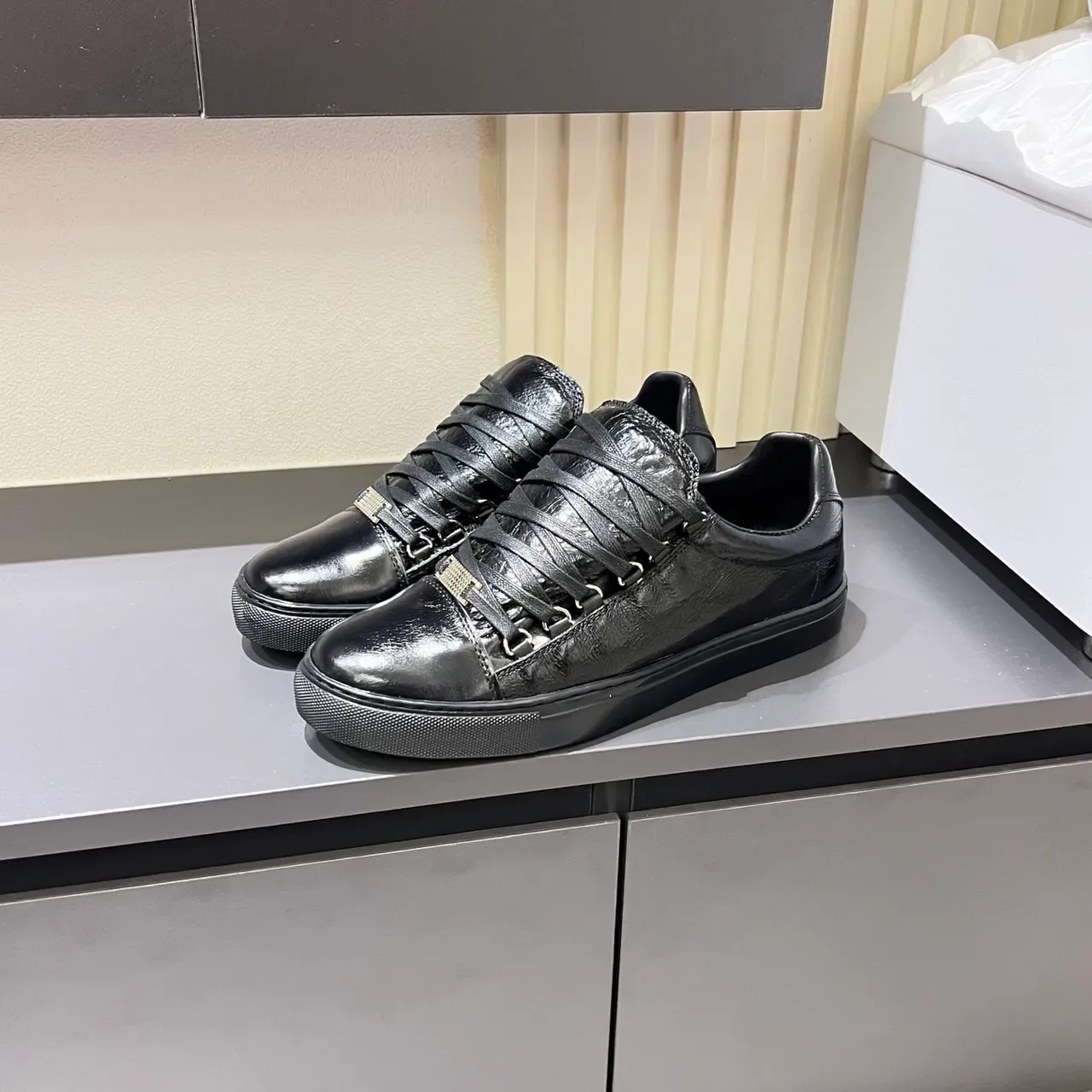 Black Glossy Crinkled Leather Low-Top Sneaker 5