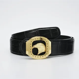 Black Gold Crocodile-Embossed Eagle Buckle Leather Belt