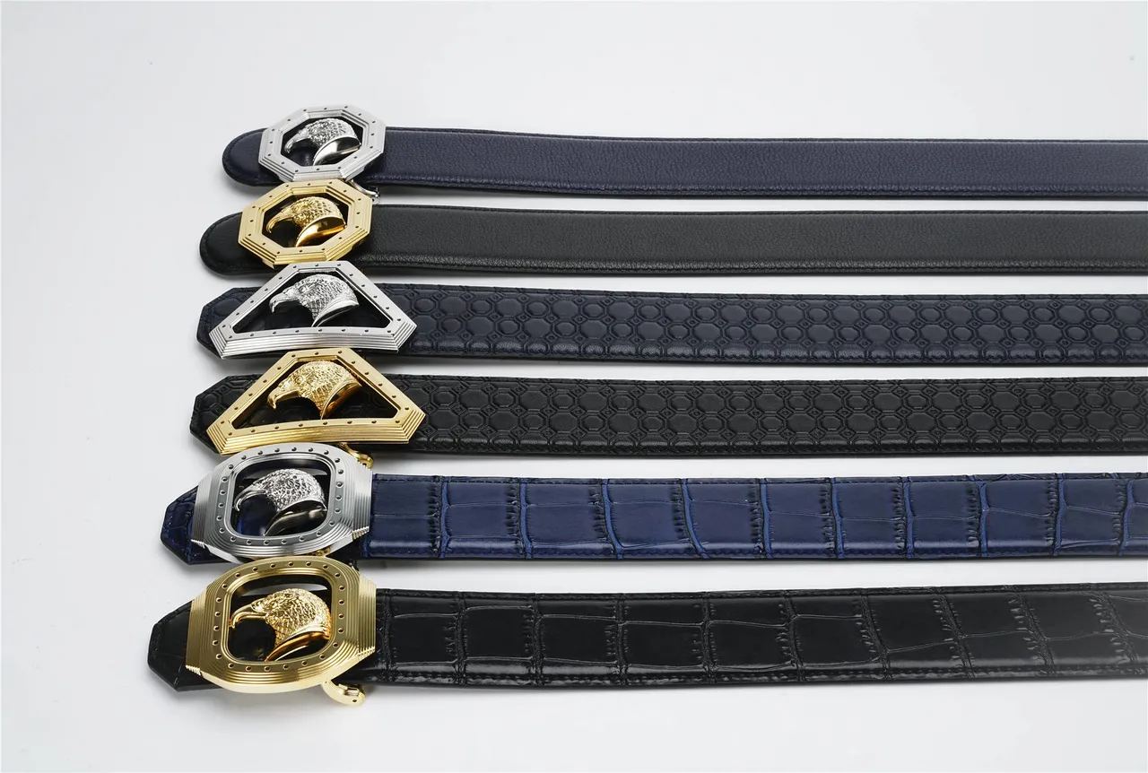 Black Gold Crocodile-Embossed Eagle Buckle Leather Belt 2
