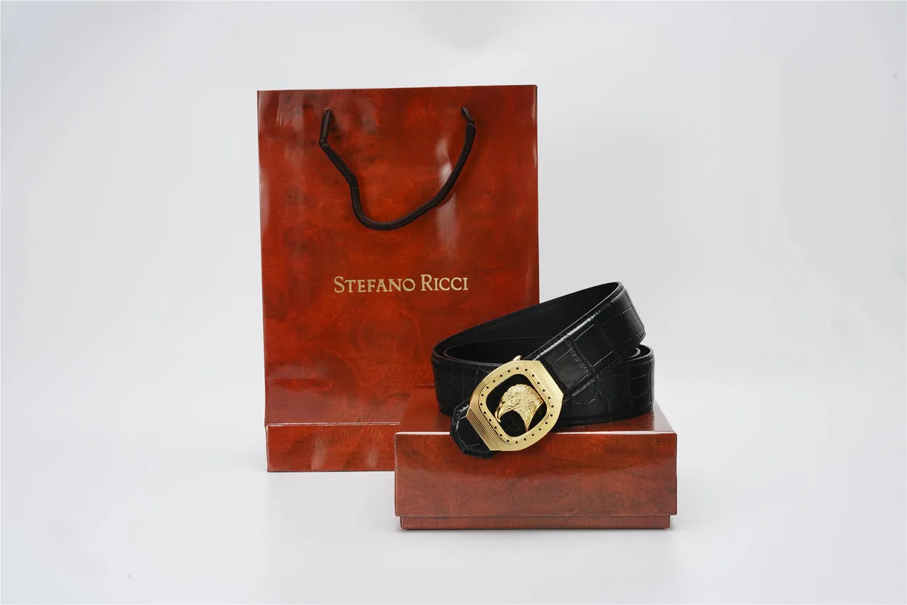 Black Gold Crocodile-Embossed Eagle Buckle Leather Belt 5