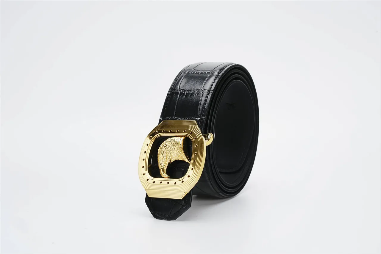 Black Gold Crocodile-Embossed Eagle Buckle Leather Belt 7