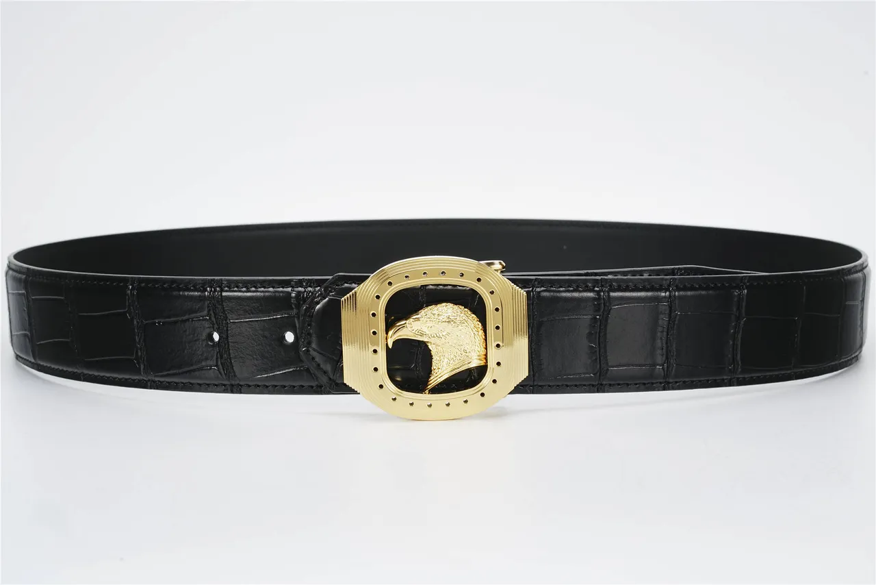Black Gold Crocodile-Embossed Eagle Buckle Leather Belt 8