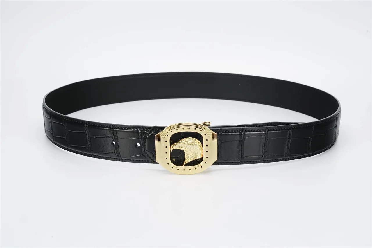 Black Gold Crocodile-Embossed Eagle Buckle Leather Belt 9