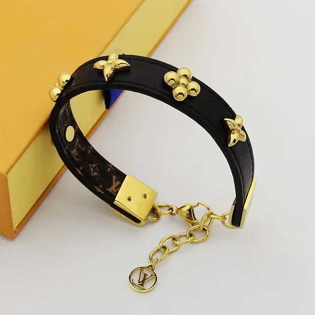 Black Gold Leather Floral Studs Bracelet 3