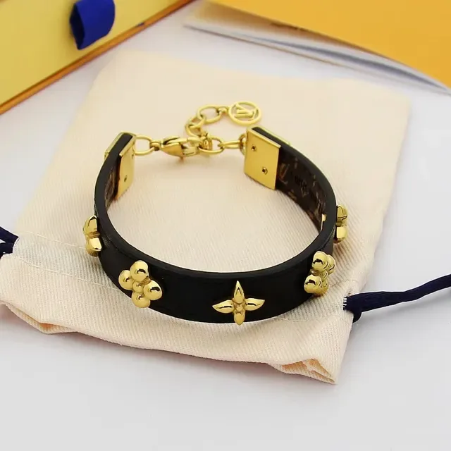 Black Gold Leather Floral Studs Bracelet 4