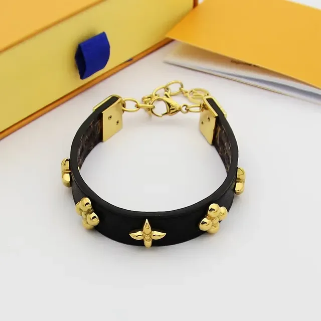 Black Gold Leather Floral Studs Bracelet 5