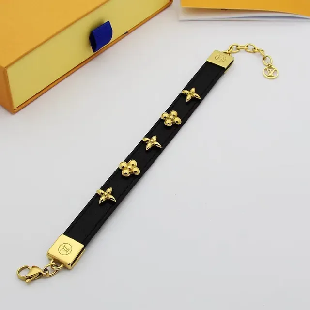 Black Gold Leather Floral Studs Bracelet 6