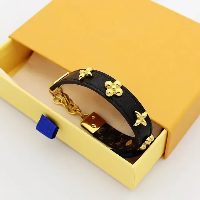 Black Gold Leather Floral Studs Bracelet 7