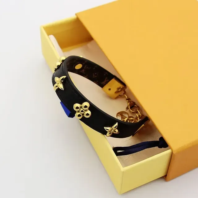 Black Gold Leather Floral Studs Bracelet 8