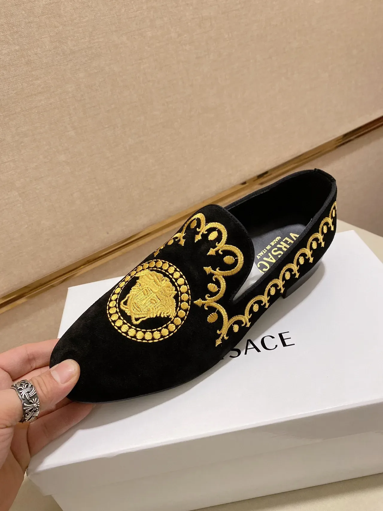 Black Gold Velvet Embroidered Loafer 4