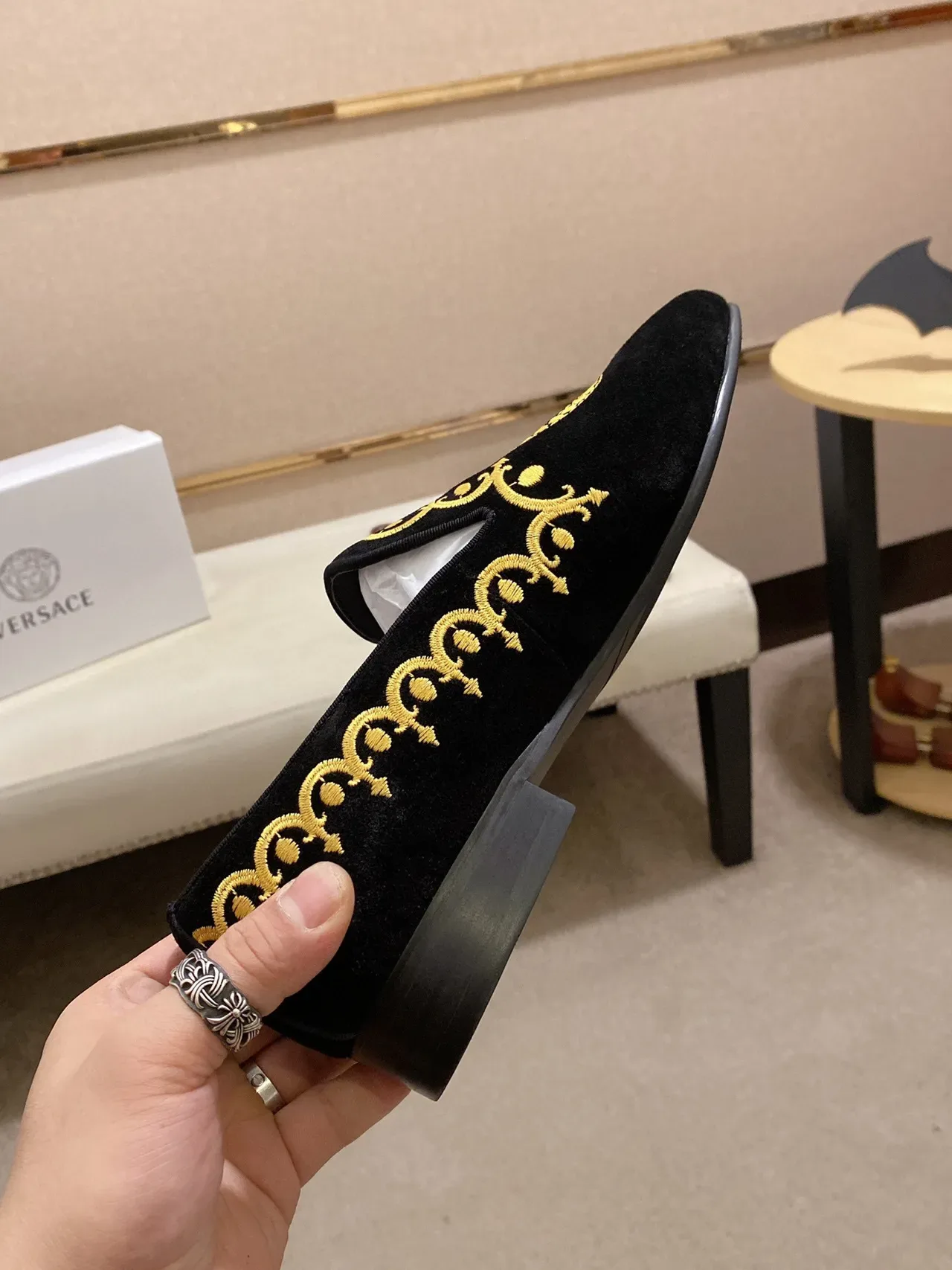 Black Gold Velvet Embroidered Loafer 6