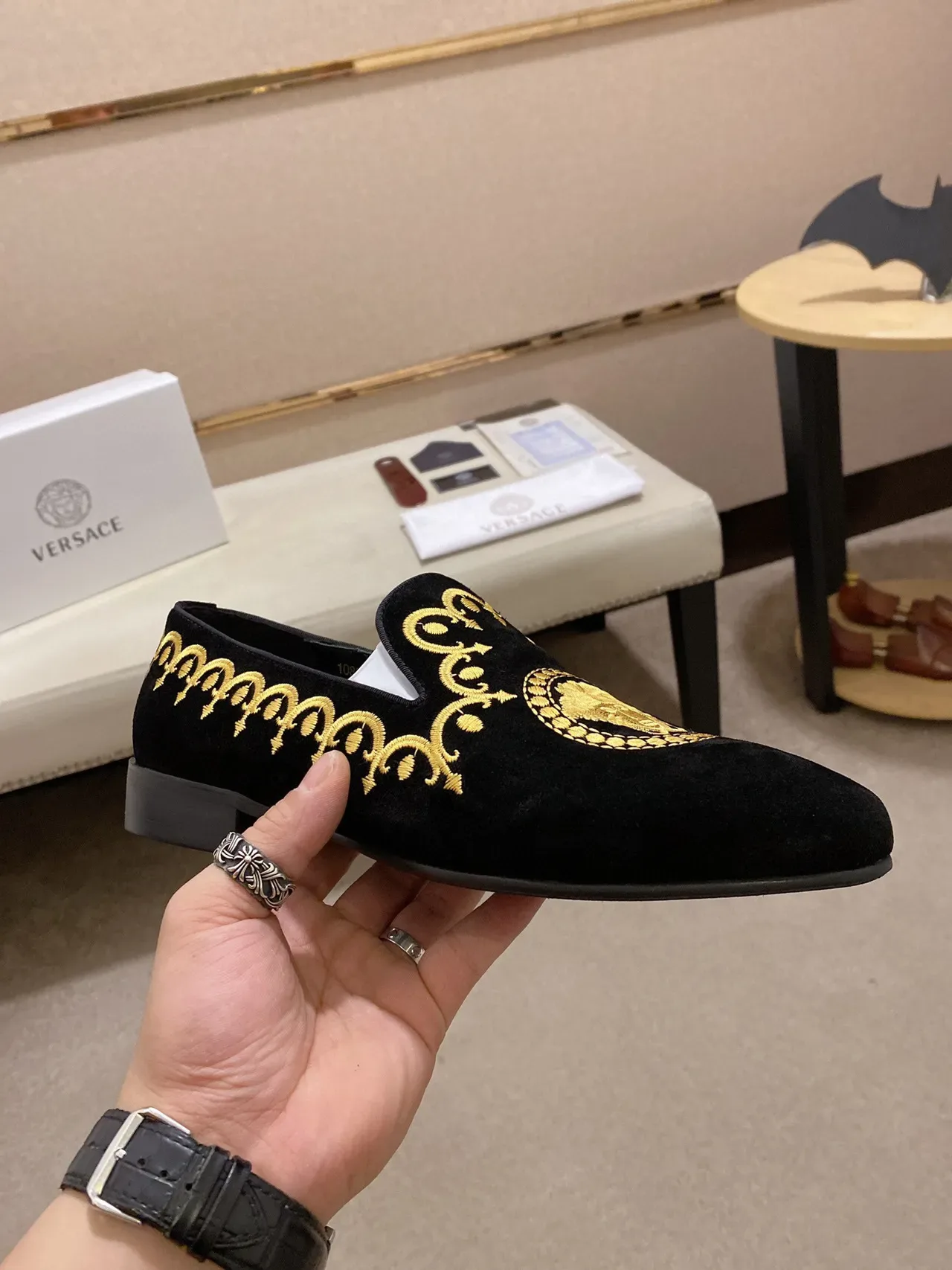 Black Gold Velvet Embroidered Loafer 7