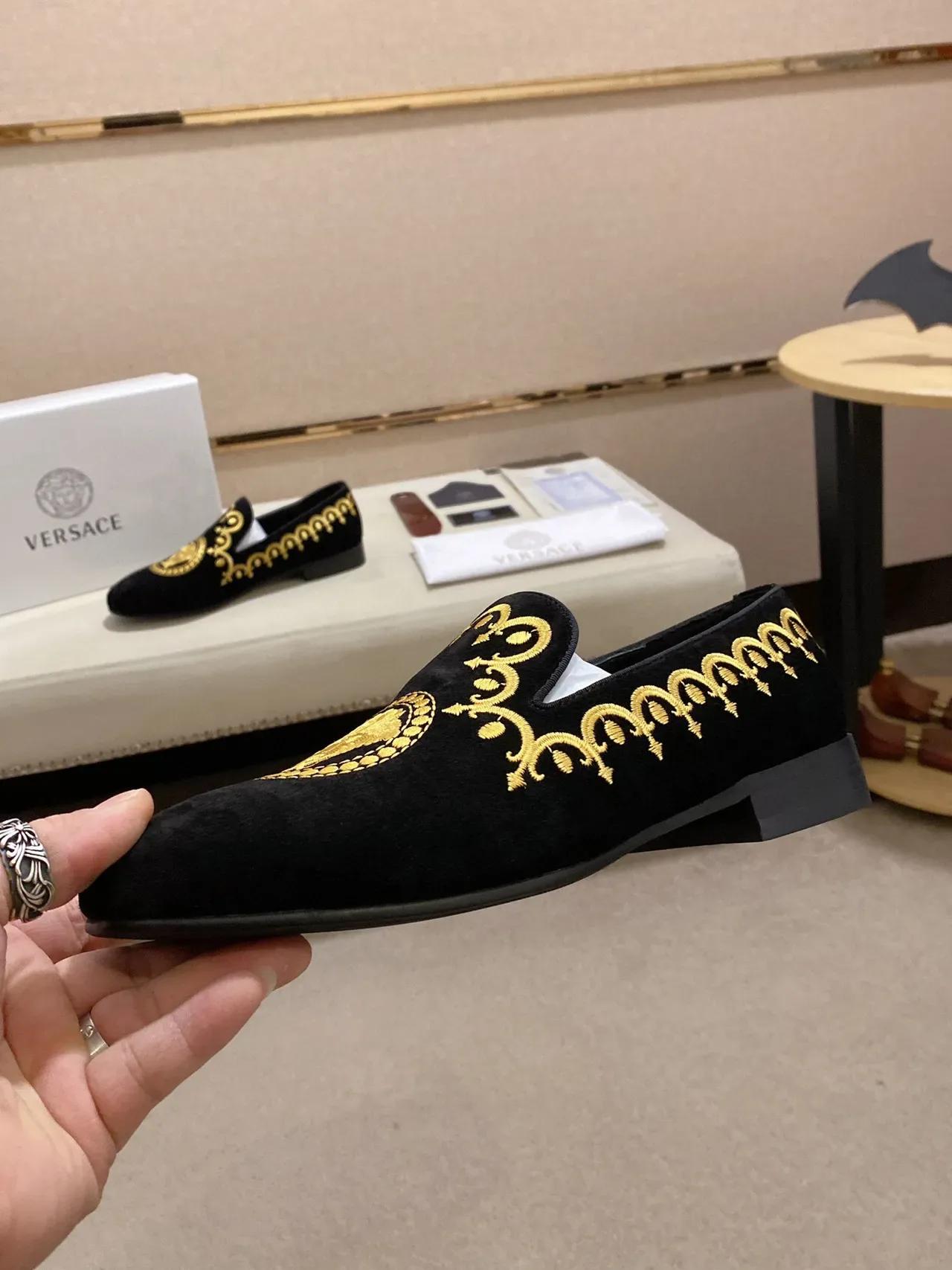 Black Gold Velvet Embroidered Loafer 8