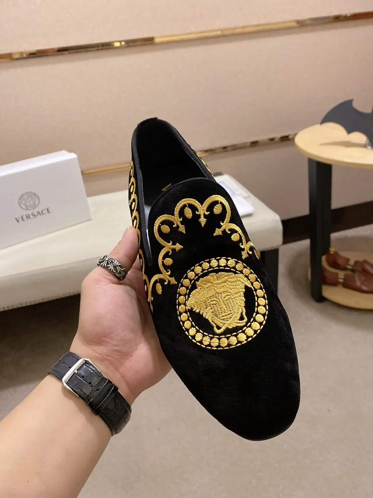 Black Gold Velvet Embroidered Loafer 9