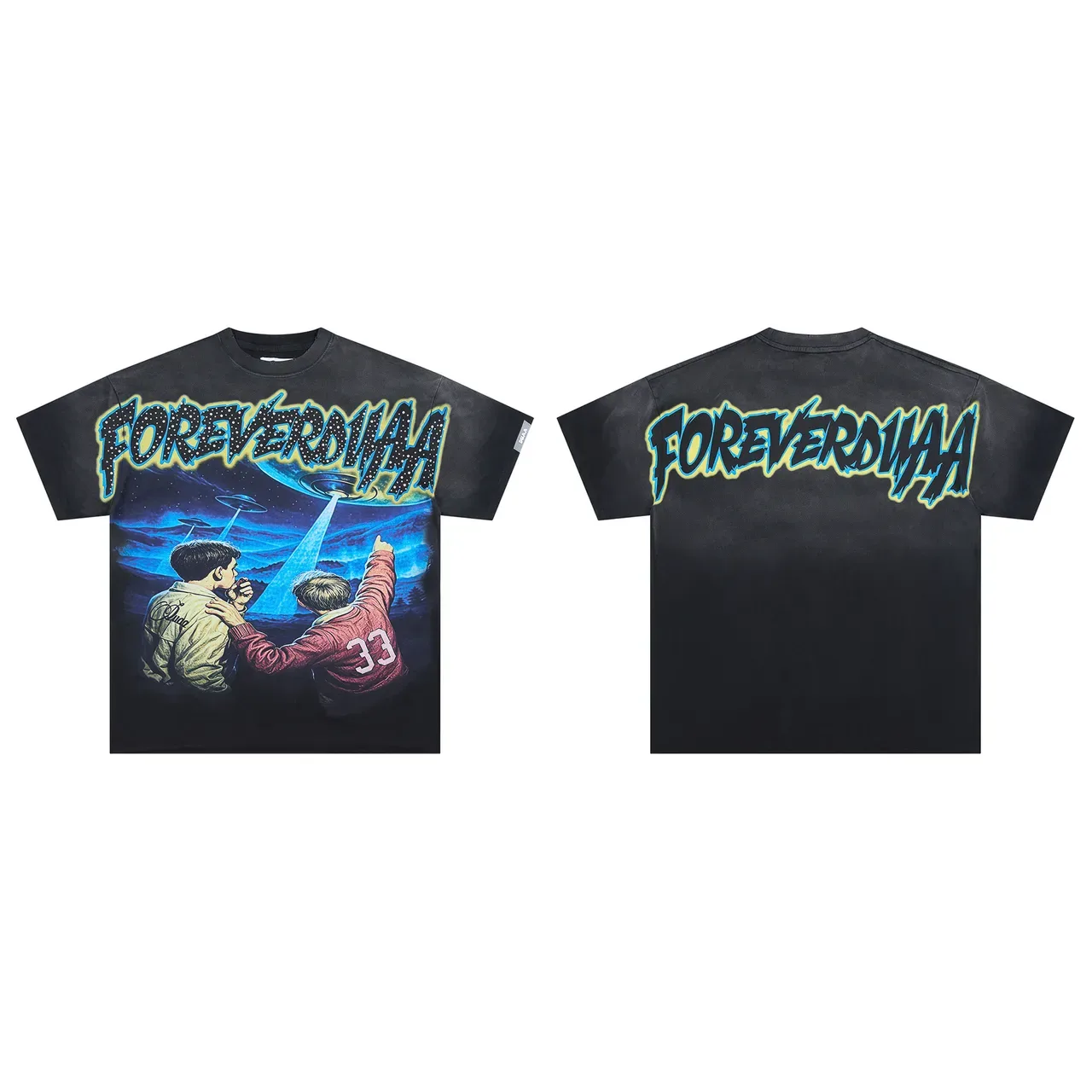 Black Graphic-Print Oversized Double-Sided Alien Theme T-Shirt 2