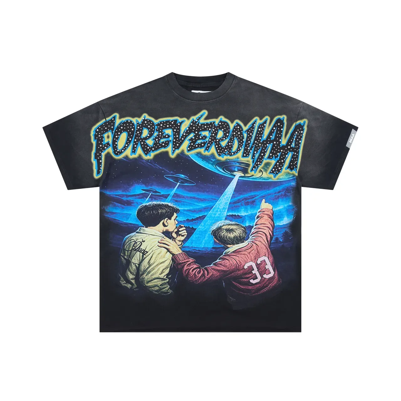 Black Graphic-Print Oversized Double-Sided Alien Theme T-Shirt 3