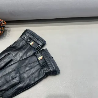Black Gray Fleece Cuff Leather Gloves