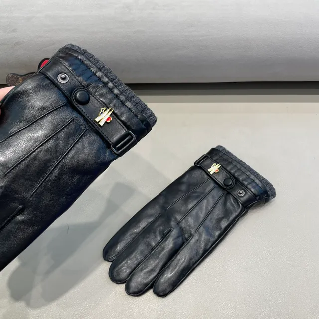 Black Gray Fleece Cuff Leather Gloves 4