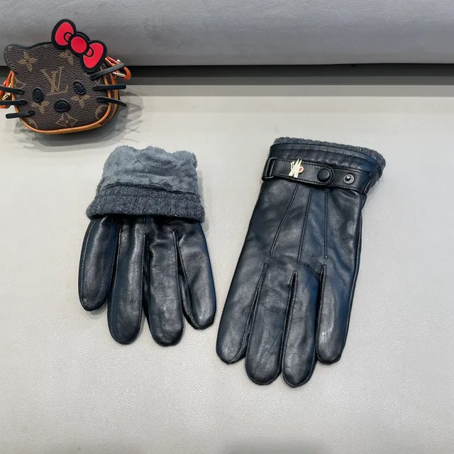 Black Gray Fleece Cuff Leather Gloves 5