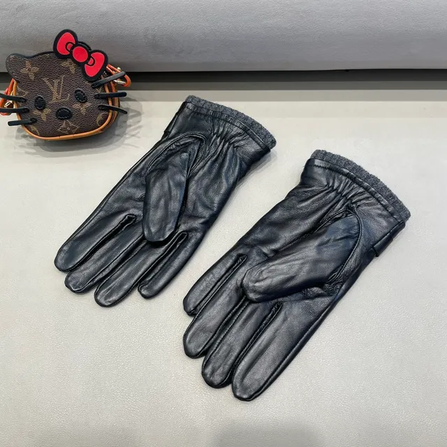 Black Gray Fleece Cuff Leather Gloves 7
